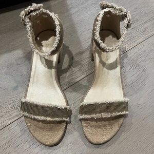 Stuart Weitzman Nudistchains Canvas Gold Sandals Tweed Block US 6
